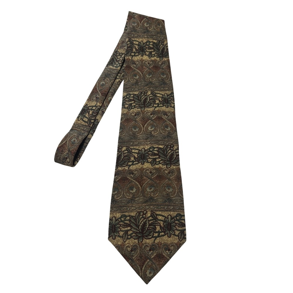 417 by Van Heusen Mens Silk Tie Vintage Floral Tapestry Tan Olive Burgundy
